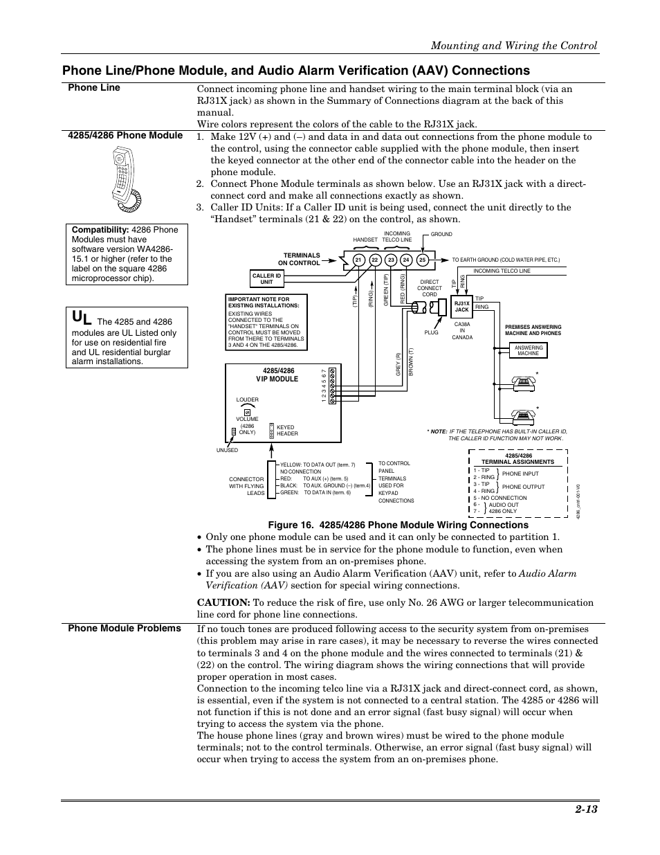Mounting and wiring the control 2-13 | Honeywell VISTA-20P User Manual | Page 19 / 80