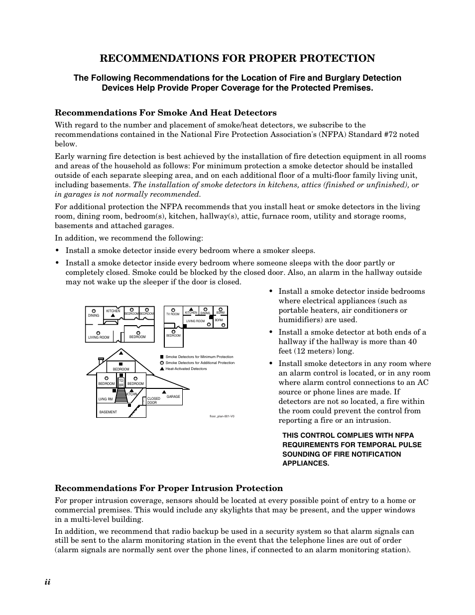 Recommendations for proper protection, Recommendations for smoke and heat detectors, Recommendations for proper intrusion protection | Honeywell VISTA-20P User Manual | Page 2 / 80
