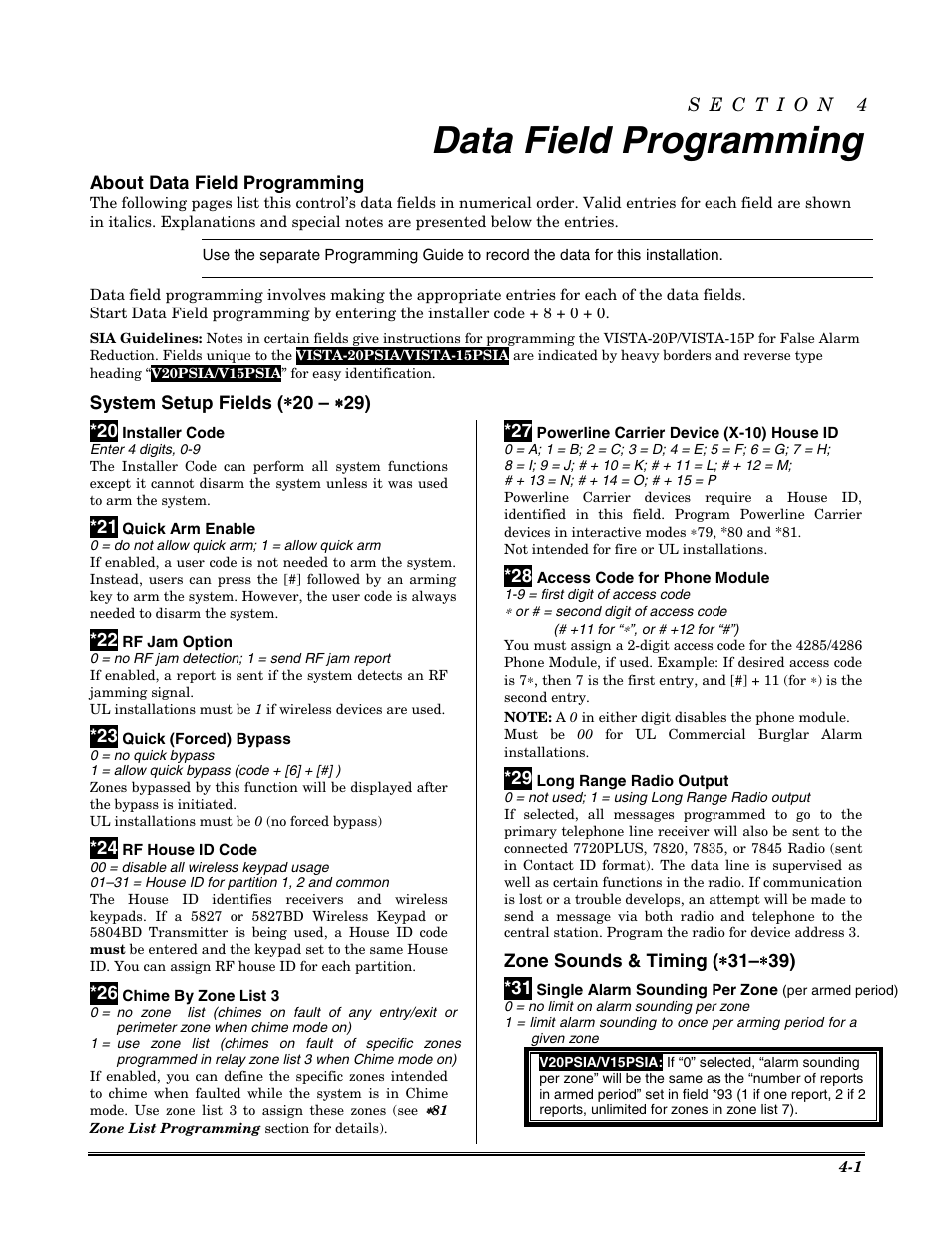 Data field programming, About data field programming | Honeywell VISTA-20P User Manual | Page 25 / 80
