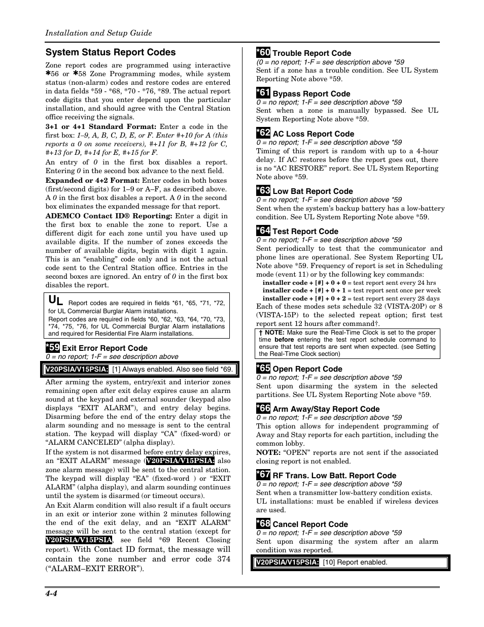 System status report codes | Honeywell VISTA-20P User Manual | Page 28 / 80