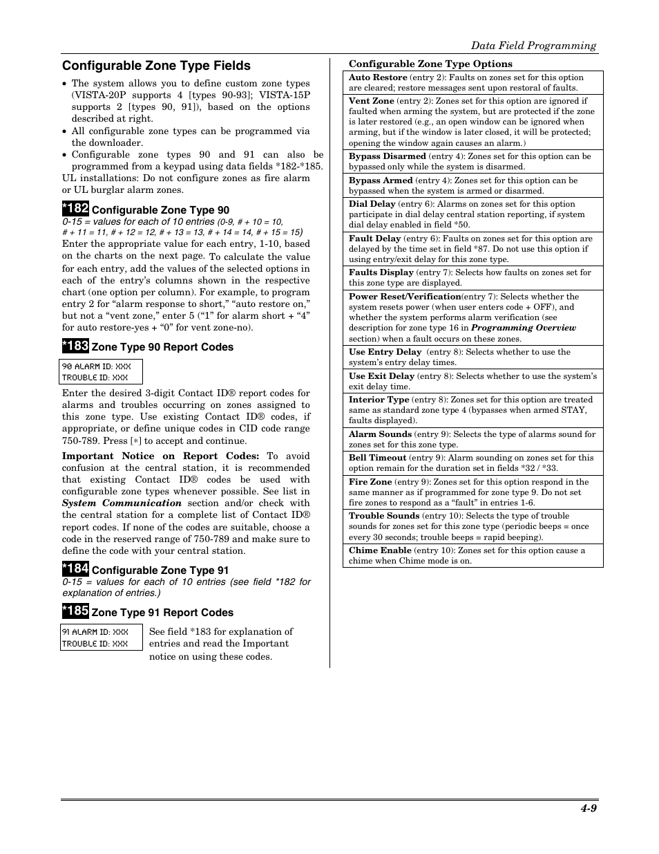 Configurable zone type fields | Honeywell VISTA-20P User Manual | Page 33 / 80