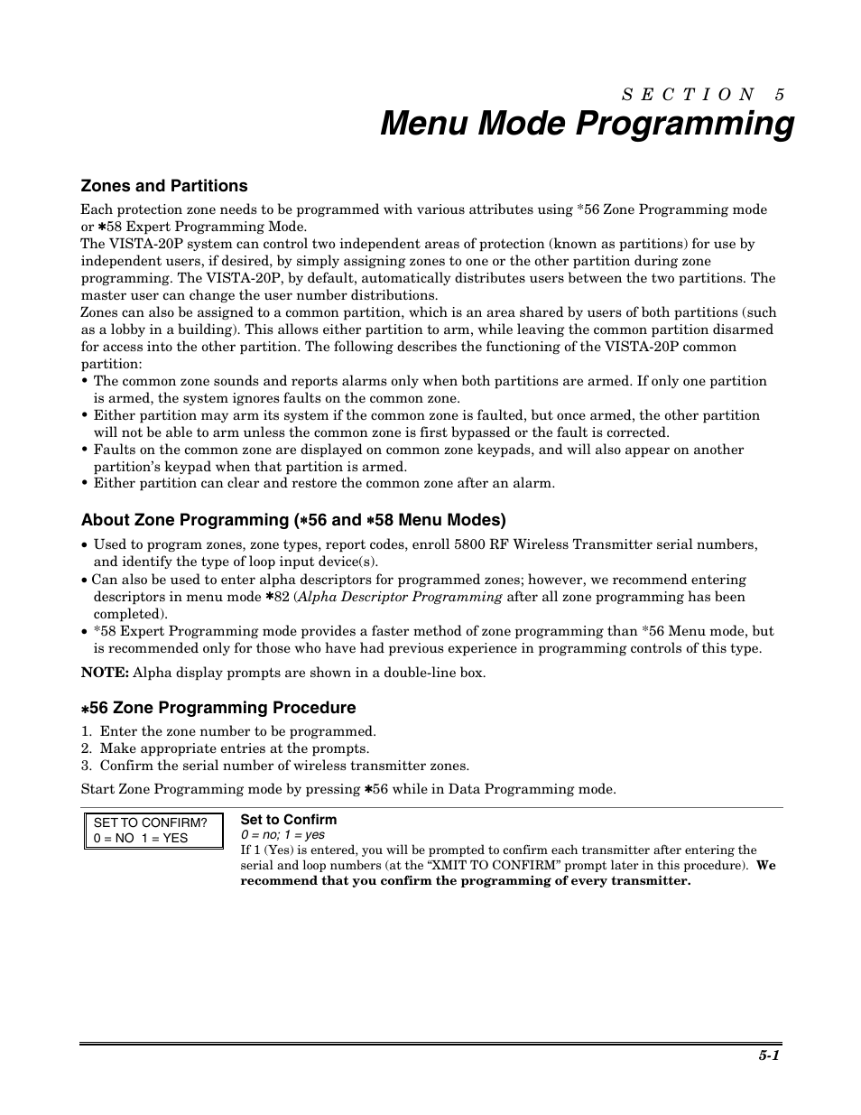 Menu mode programming, Zones and partitions, 56 zone programming procedure | Honeywell VISTA-20P User Manual | Page 37 / 80
