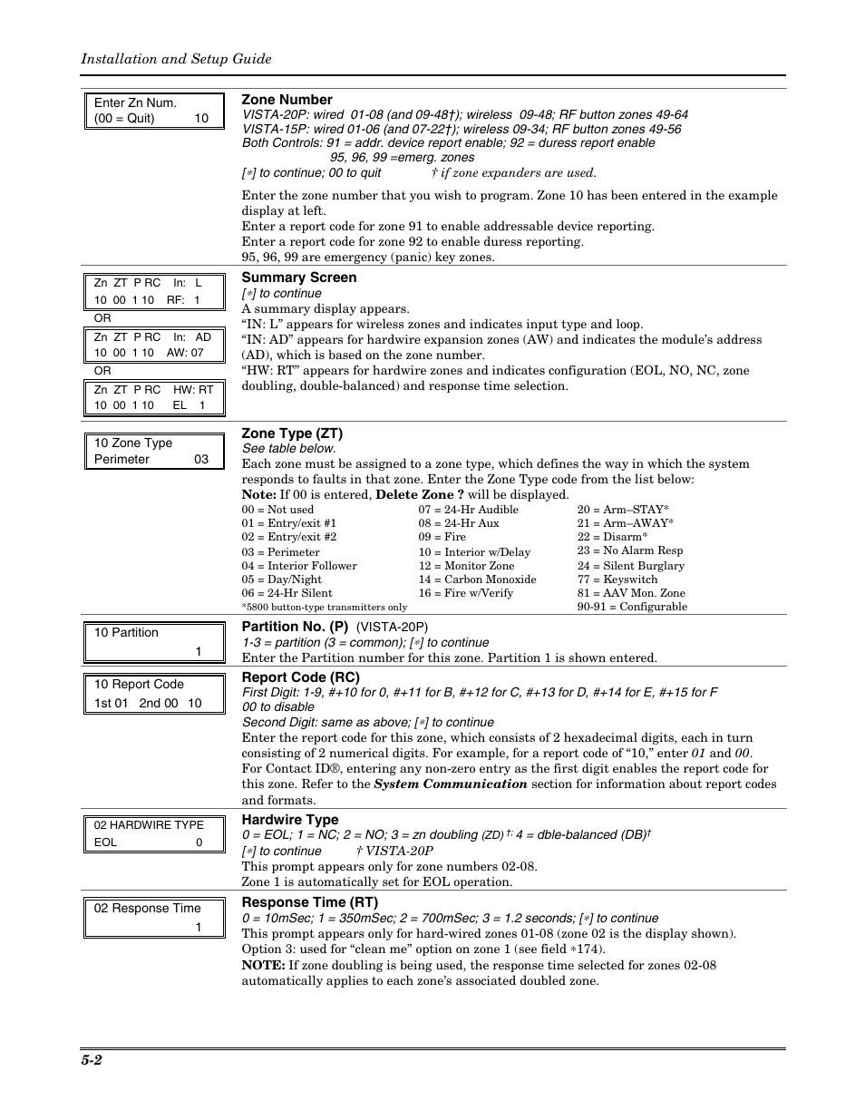 Zone number, Summary screen, Zone type (zt) | Partition no. (p), Report code (rc), Hardwire type, Response time (rt), Installation and setup guide | Honeywell VISTA-20P User Manual | Page 38 / 80