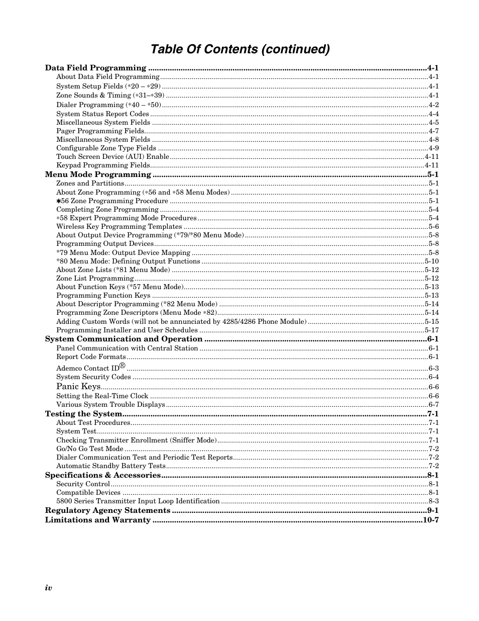 Table of contents (continued) | Honeywell VISTA-20P User Manual | Page 4 / 80