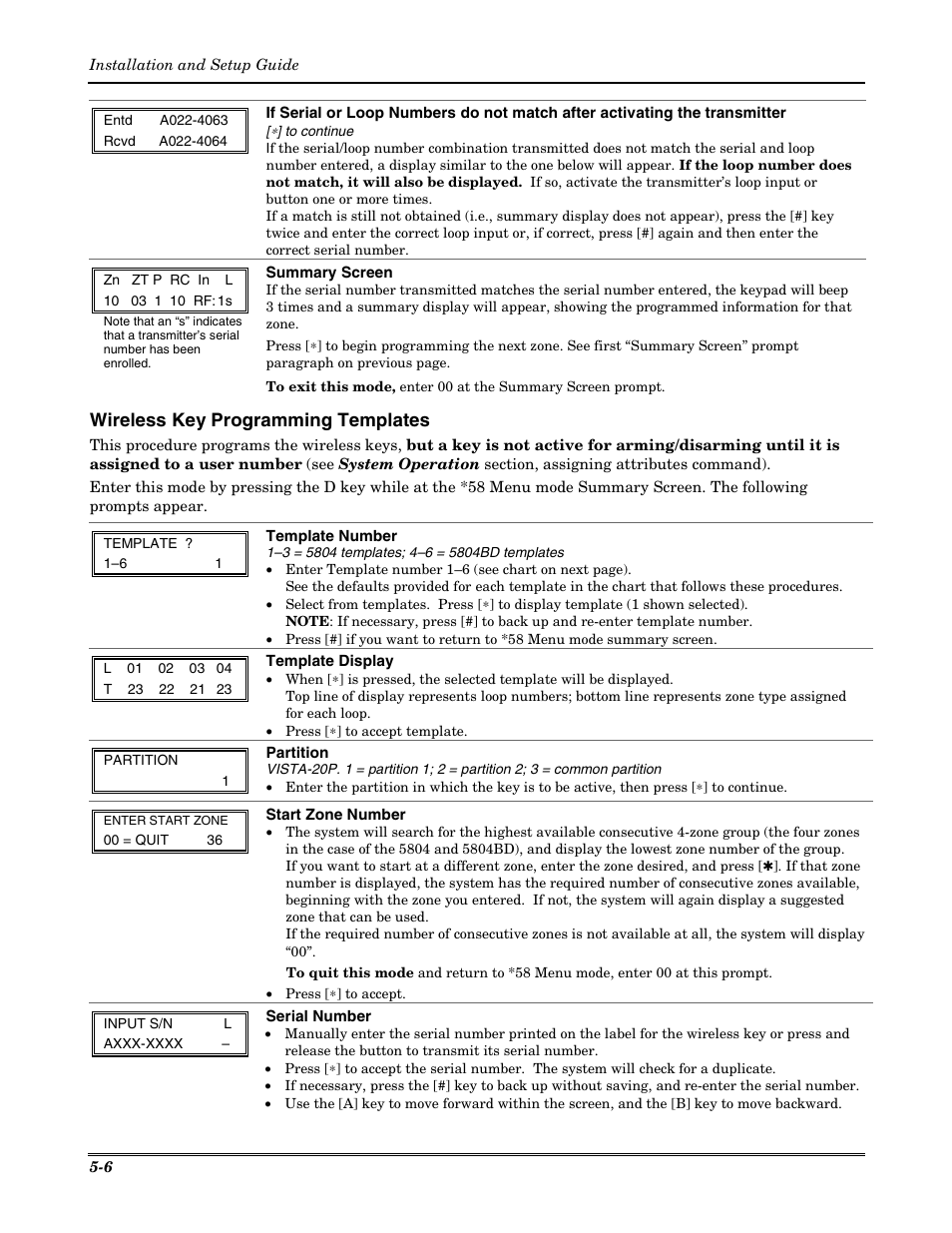 Wireless key programming templates, Summary screen, Template number | Template display, Partition, Start zone number, Serial number, Installation and setup guide | Honeywell VISTA-20P User Manual | Page 42 / 80