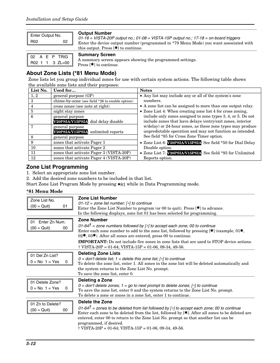 About zone lists (*81 menu mode), Zone list programming | Honeywell VISTA-20P User Manual | Page 48 / 80