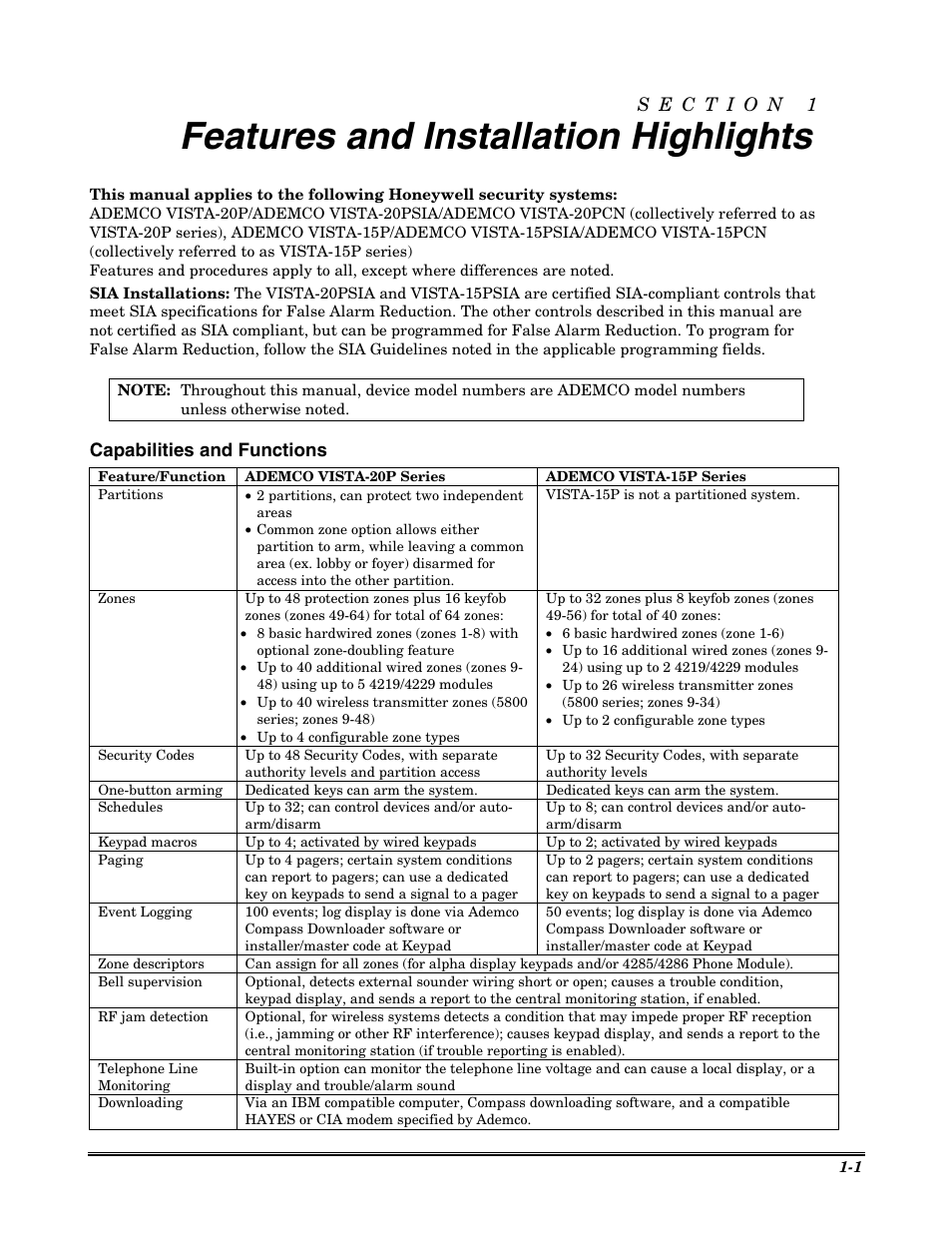 Features and installation highlights, Capabilities and functions | Honeywell VISTA-20P User Manual | Page 5 / 80