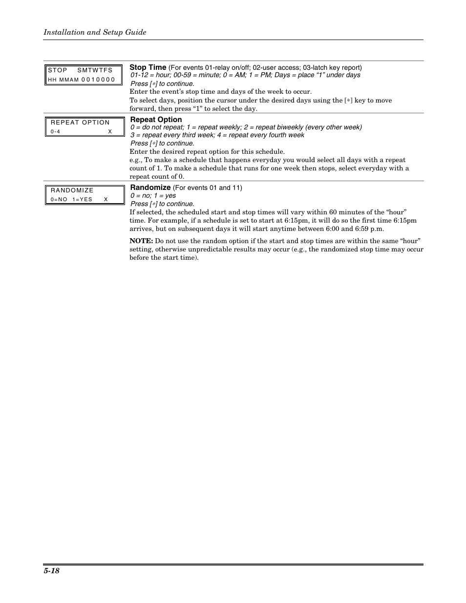 Stop time, Repeat option, Randomize | Installation and setup guide | Honeywell VISTA-20P User Manual | Page 54 / 80