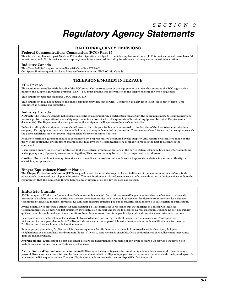 Regulatory agency statements, Radio frequency emissions, Telephone/modem interface | Industrie canada | Honeywell VISTA-20P User Manual | Page 69 / 80