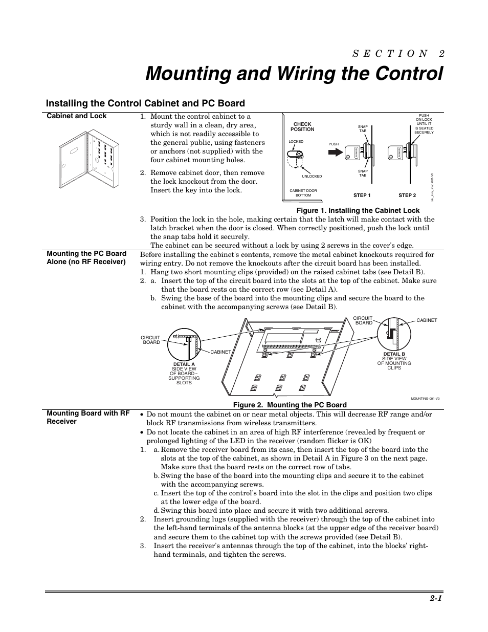 Mounting and wiring the control, Installing the control cabinet and pc board | Honeywell VISTA-20P User Manual | Page 7 / 80