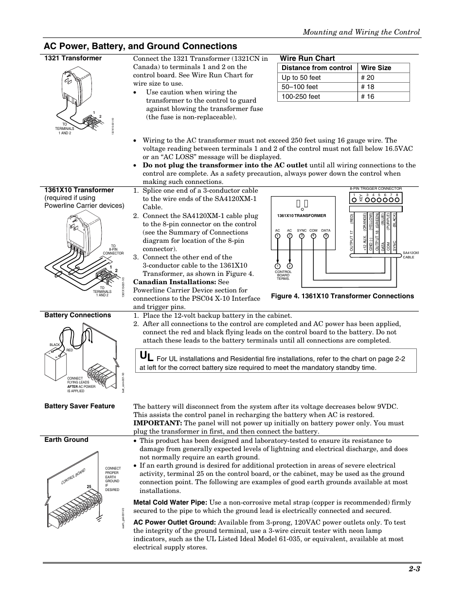 Ac power, battery, and ground connections, Wire run chart, Mounting and wiring the control 2-3 | 1321 transformer, Battery saver feature | Honeywell VISTA-20P User Manual | Page 9 / 80