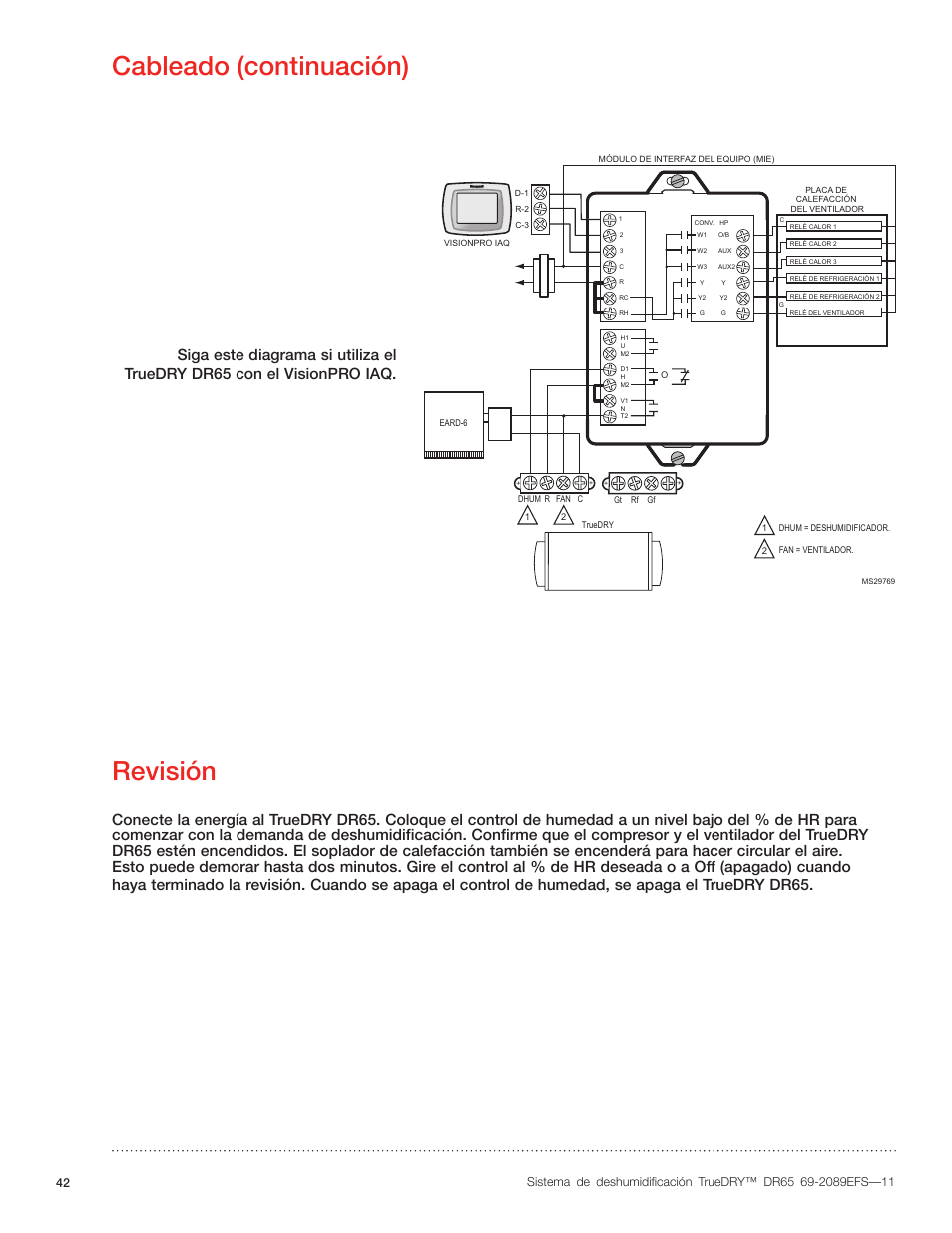 Cableado (continuación), Revisión | Honeywell DR65 User Manual | Page 44 / 52