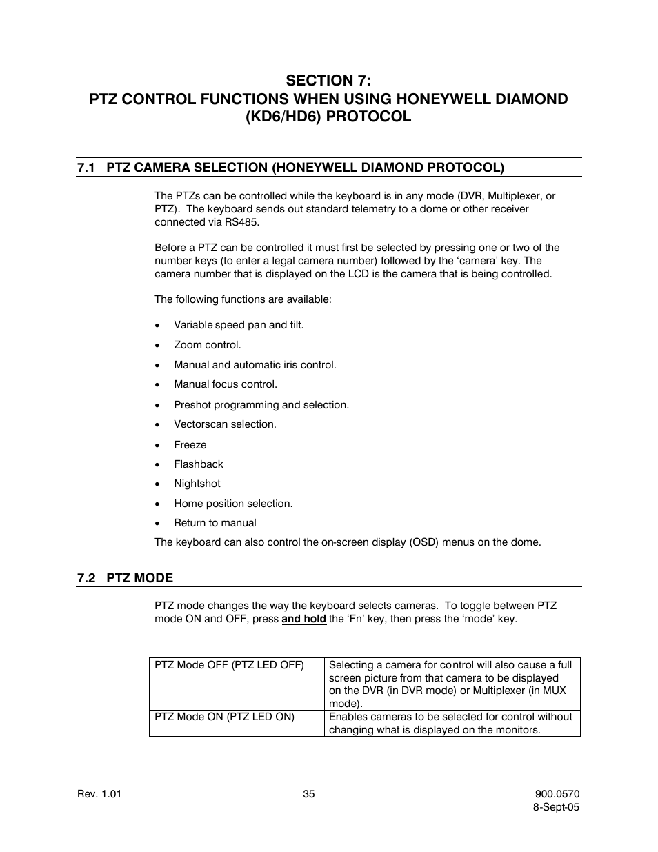 1ptz camera selection (honeywell diamond protocol), 2ptz mode, Protocol | Ptz camera selection (honeywell diamond protocol), Ptz mode | Honeywell HJZTP User Manual | Page 45 / 64