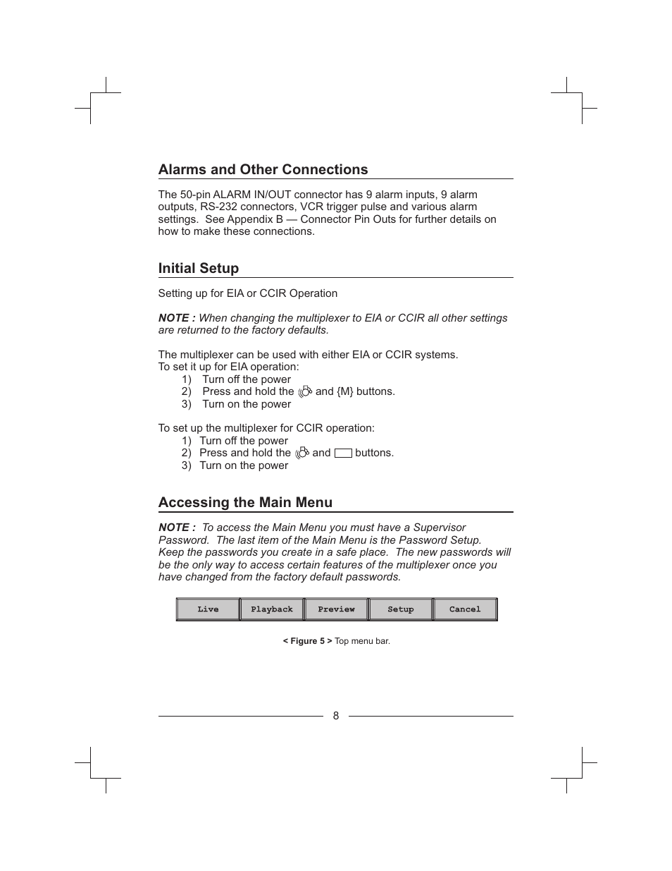 Alarms and other connections, Initial setup, Accessing the main menu | Honeywell HXMT9 / HXMT9X User Manual | Page 22 / 102