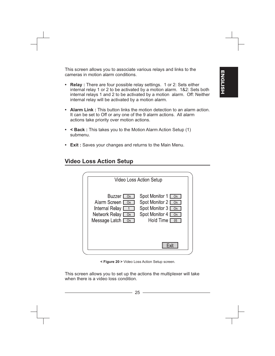 Video loss action setup | Honeywell HXMT9 / HXMT9X User Manual | Page 39 / 102