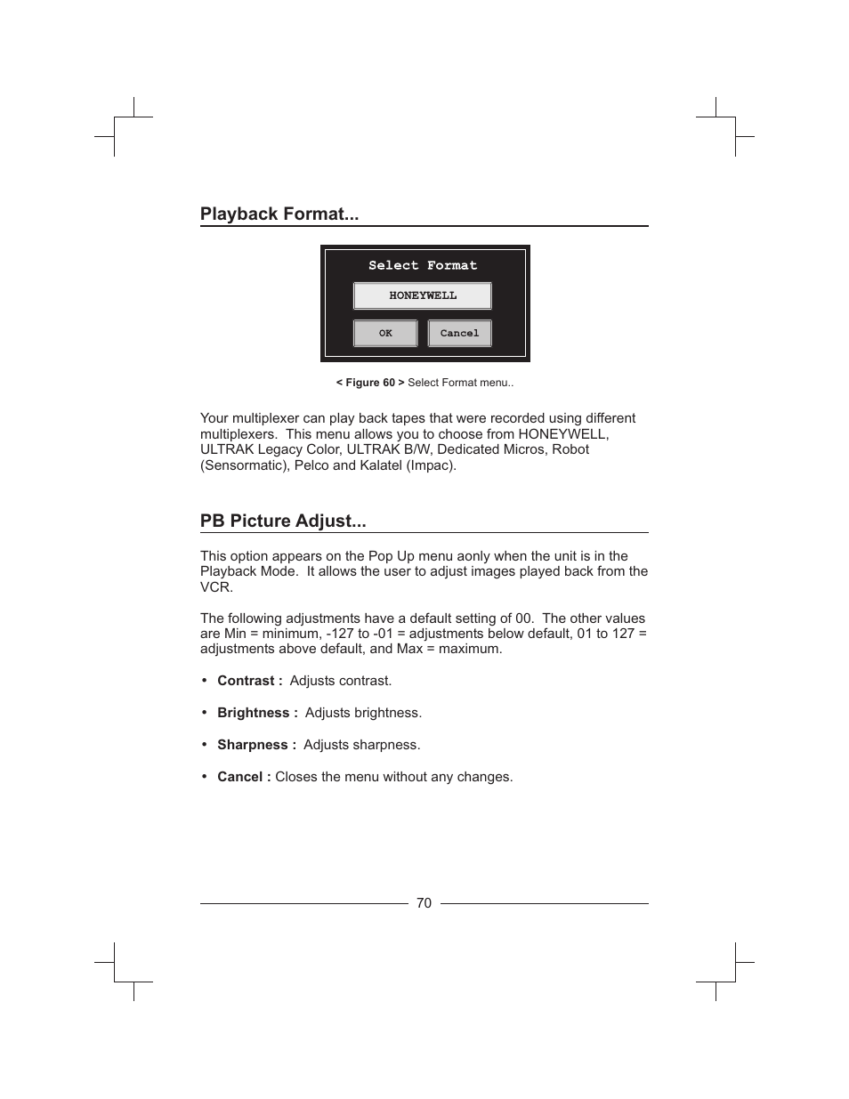 Playback format, Pb picture adjust | Honeywell HXMT9 / HXMT9X User Manual | Page 84 / 102