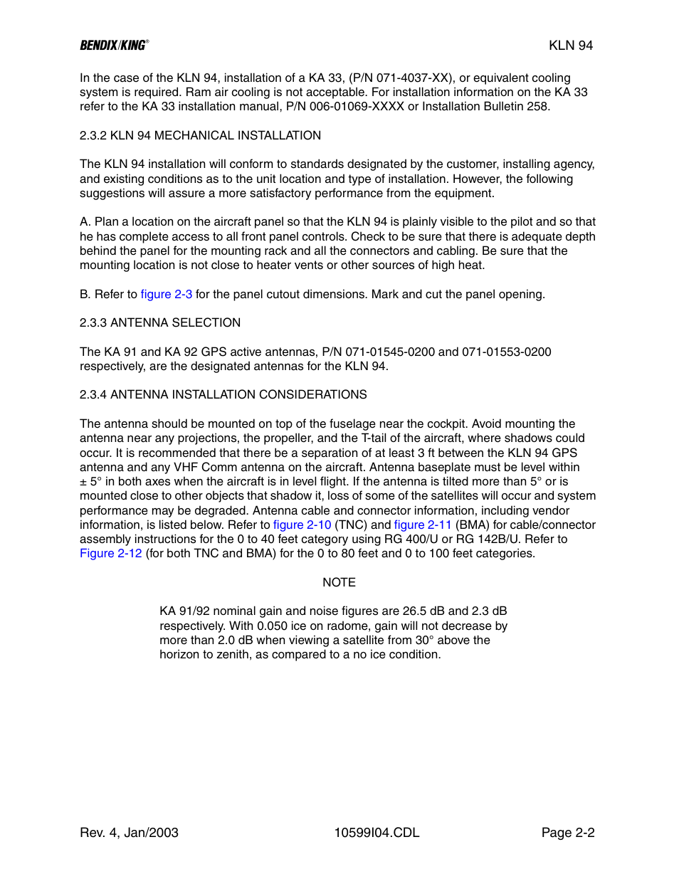 2 kln 94 mechanical installation, 3 antenna selection, 4 antenna installation considerations | Honeywell BENDIX/KING KLN 94 User Manual | Page 26 / 156