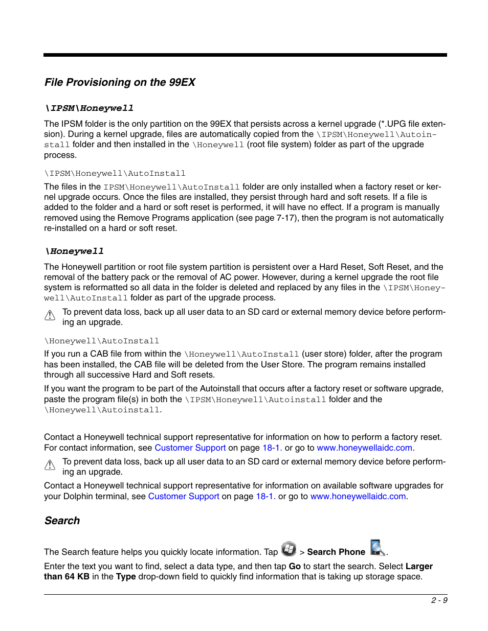 File provisioning on the 99ex, Search, File provisioning on the 99ex -9 search -9 | Honeywell DOLPHIN 99EX User Manual | Page 25 / 190