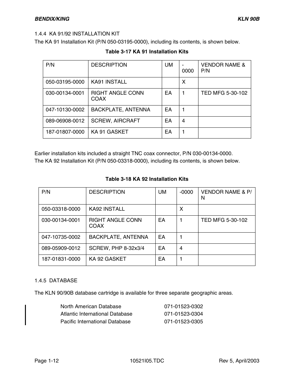 4 ka 91/92 installation kit, 5 database | Honeywell BEDIX/KING GPS RNAV User Manual | Page 18 / 152
