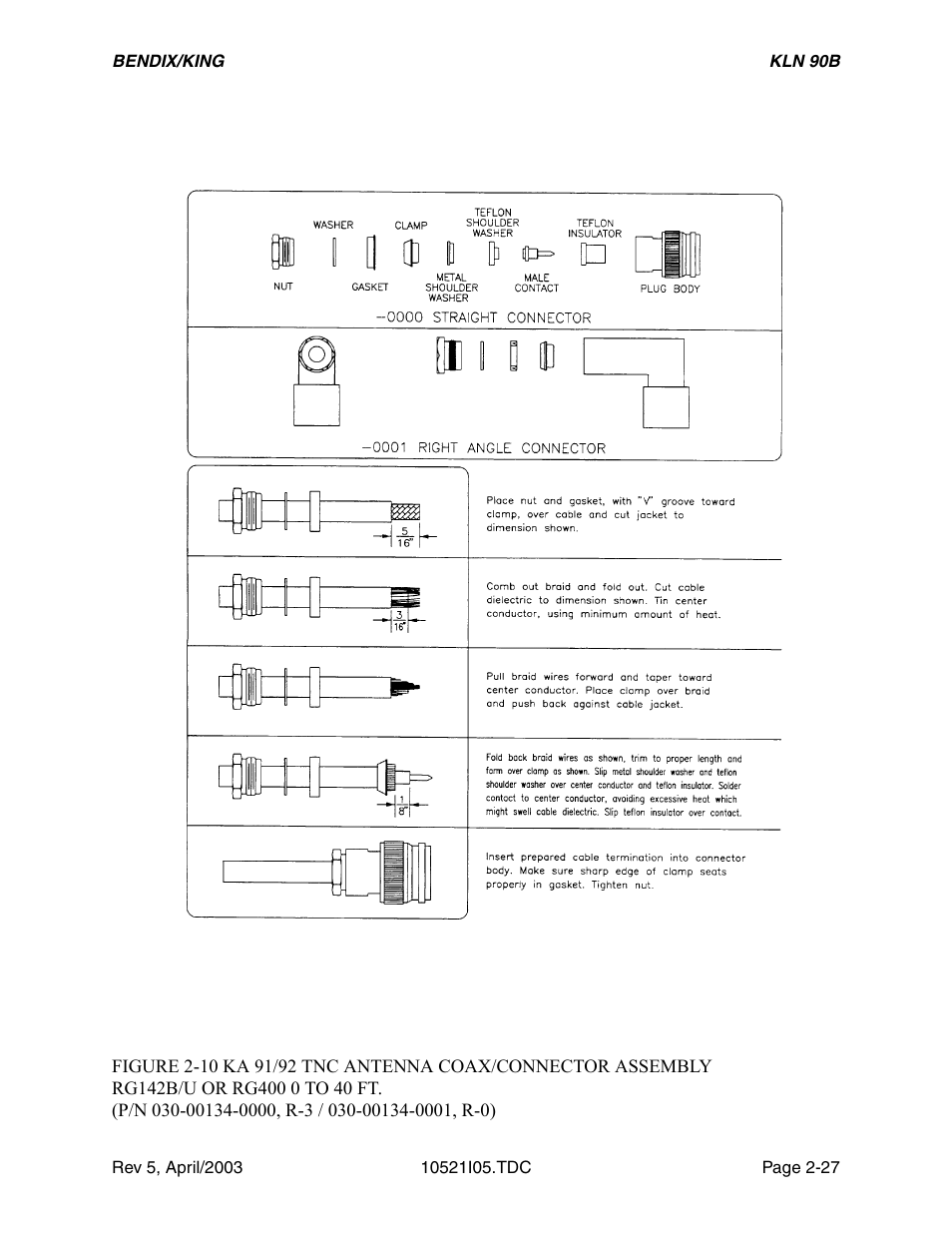 10 ka 91/92 tnc antenna coax/connector assembly, Rg142b/u or rg400 0 to 40 ft.), Figure 2-10 | Honeywell BEDIX/KING GPS RNAV User Manual | Page 49 / 152