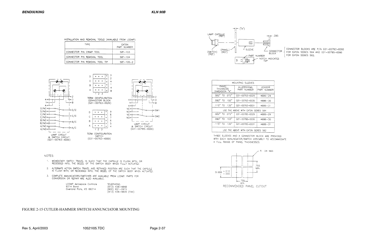15 cutler-hammer switch/annunciator unit, Installation drawing | Honeywell BEDIX/KING GPS RNAV User Manual | Page 56 / 152
