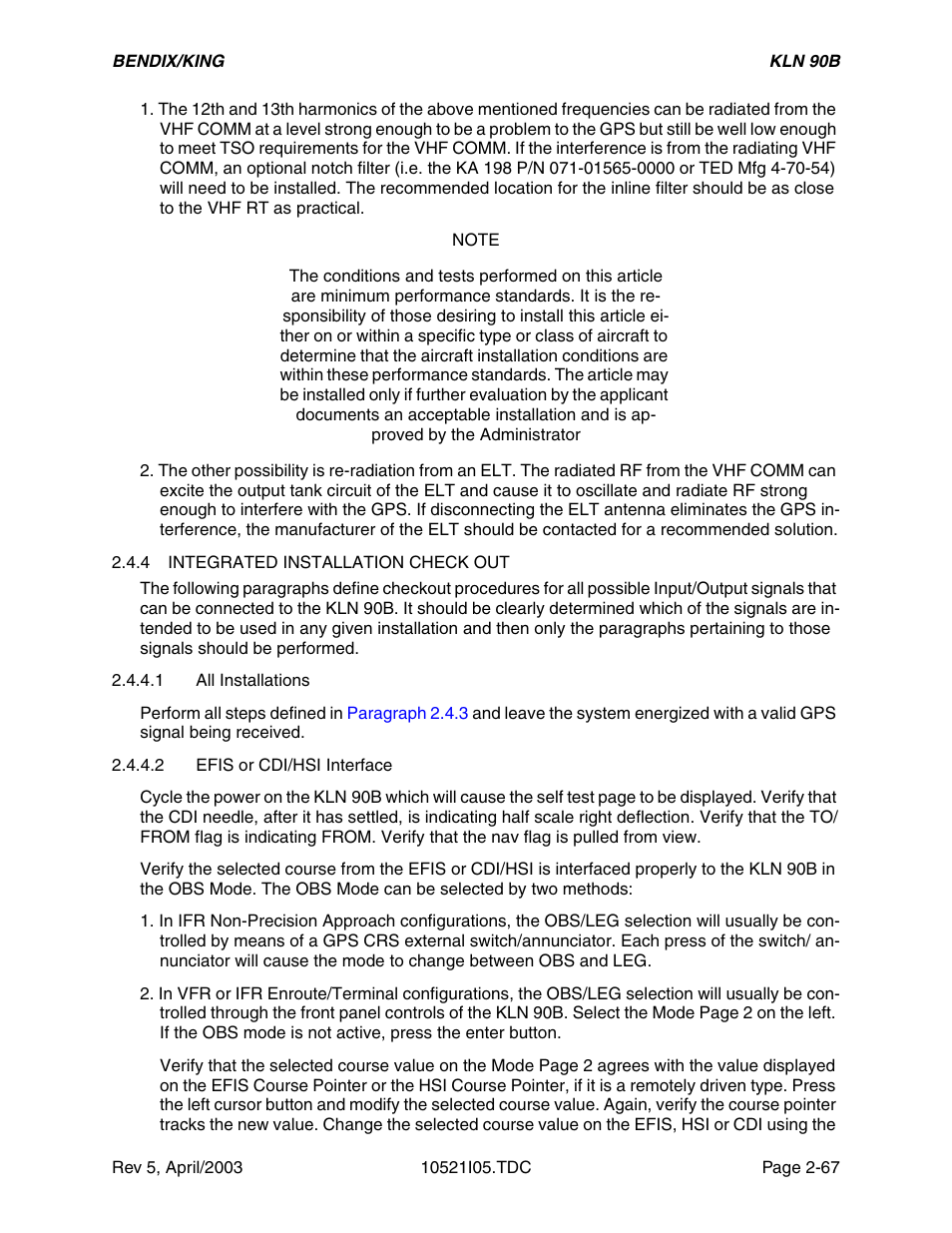 4 integrated installation check out, 1 all installations, 2 efis or cdi/hsi interface | Honeywell BEDIX/KING GPS RNAV User Manual | Page 73 / 152