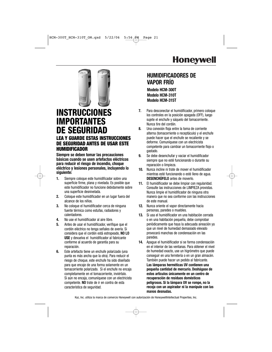 Instrucciones importantes de seguridad, Humidificadores de vapor frío | Honeywell HCM-310T User Manual | Page 21 / 32
