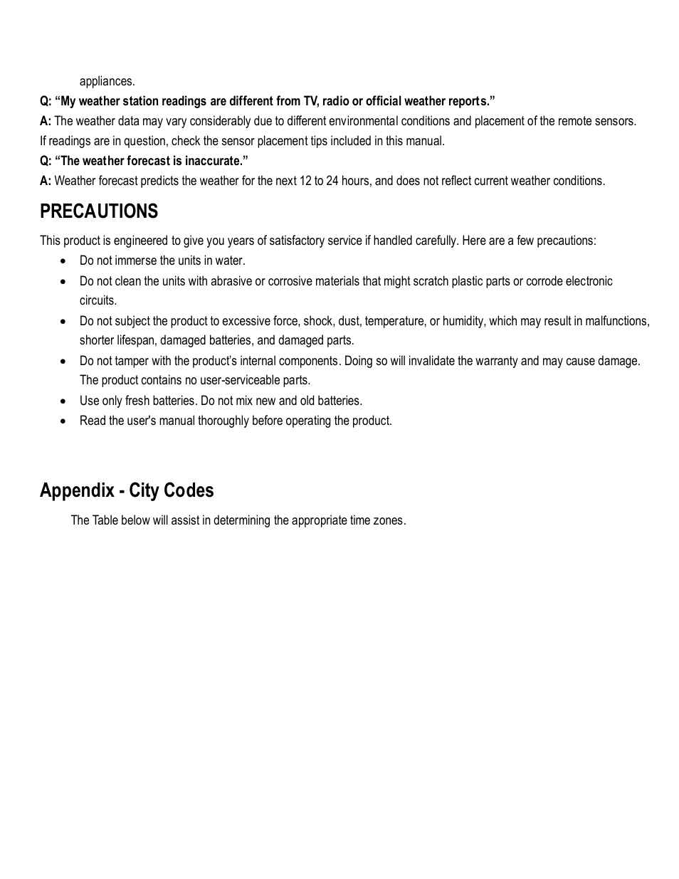 Precautions, Appendix - city codes | Honeywell TE821WD User Manual | Page 28 / 33