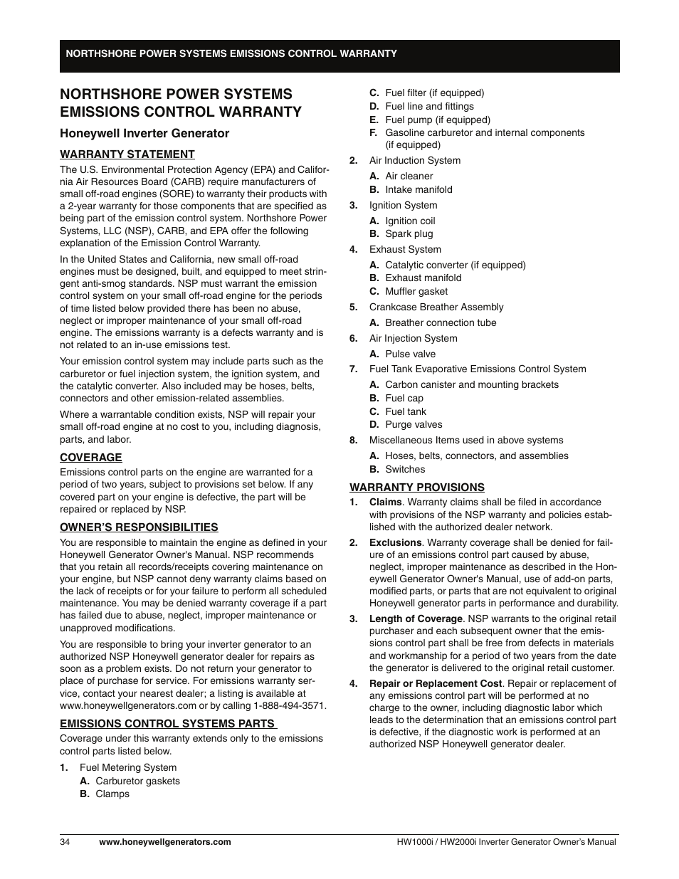 Emissions control warranty | Honeywell HW2000i User Manual | Page 40 / 46