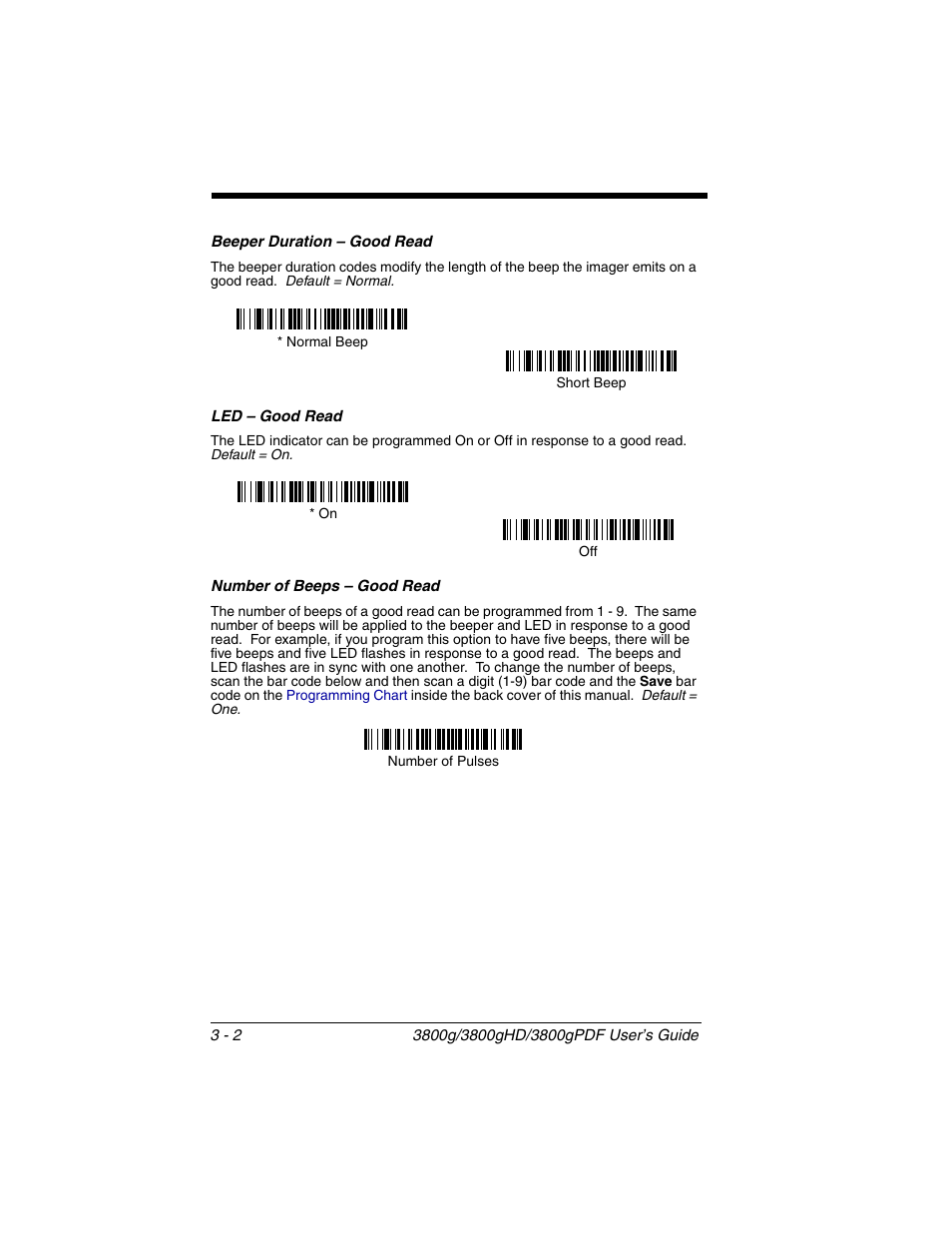 Beeper duration – good read, Led – good read, Number of beeps – good read | Honeywell 3800gPDF User Manual | Page 38 / 156