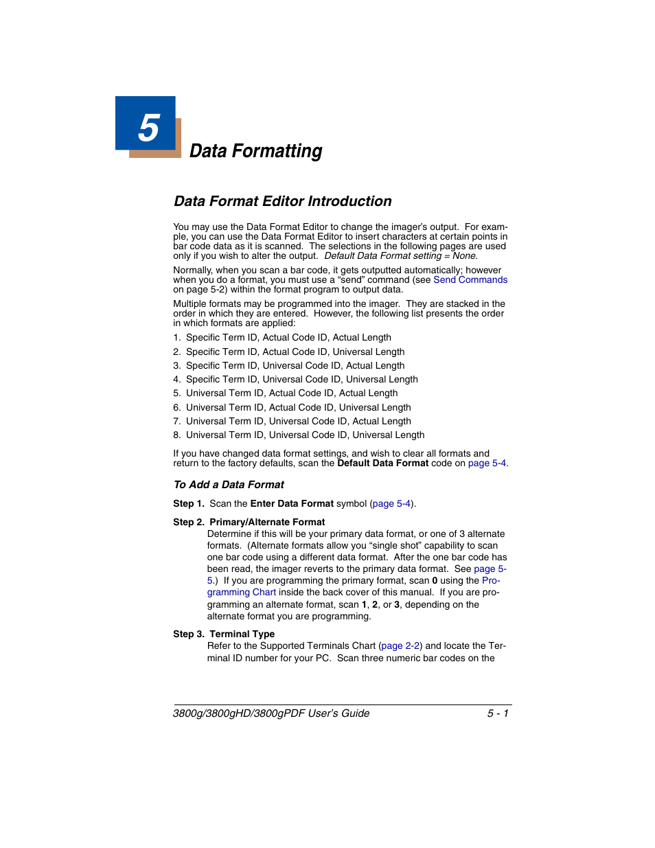 Data formatting, Data format editor introduction, To add a data format | Chapter 5 - data formatting, Data format editor introduction -1, To add a data format -1 | Honeywell 3800gPDF User Manual | Page 57 / 156