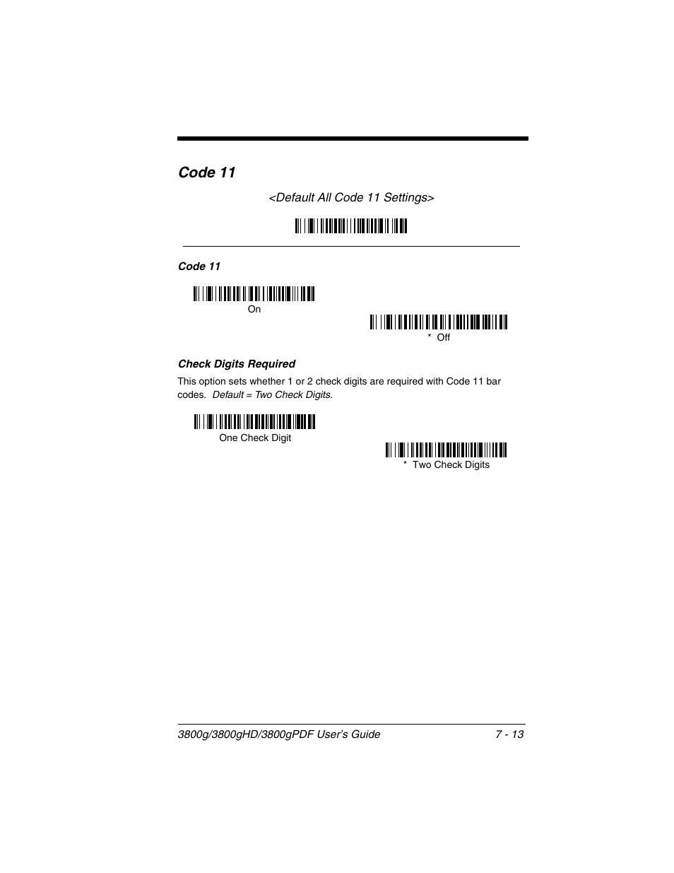 Check digits required, Code 11 -13, Check digits required -13 | Code 11 | Honeywell 3800gPDF User Manual | Page 79 / 156
