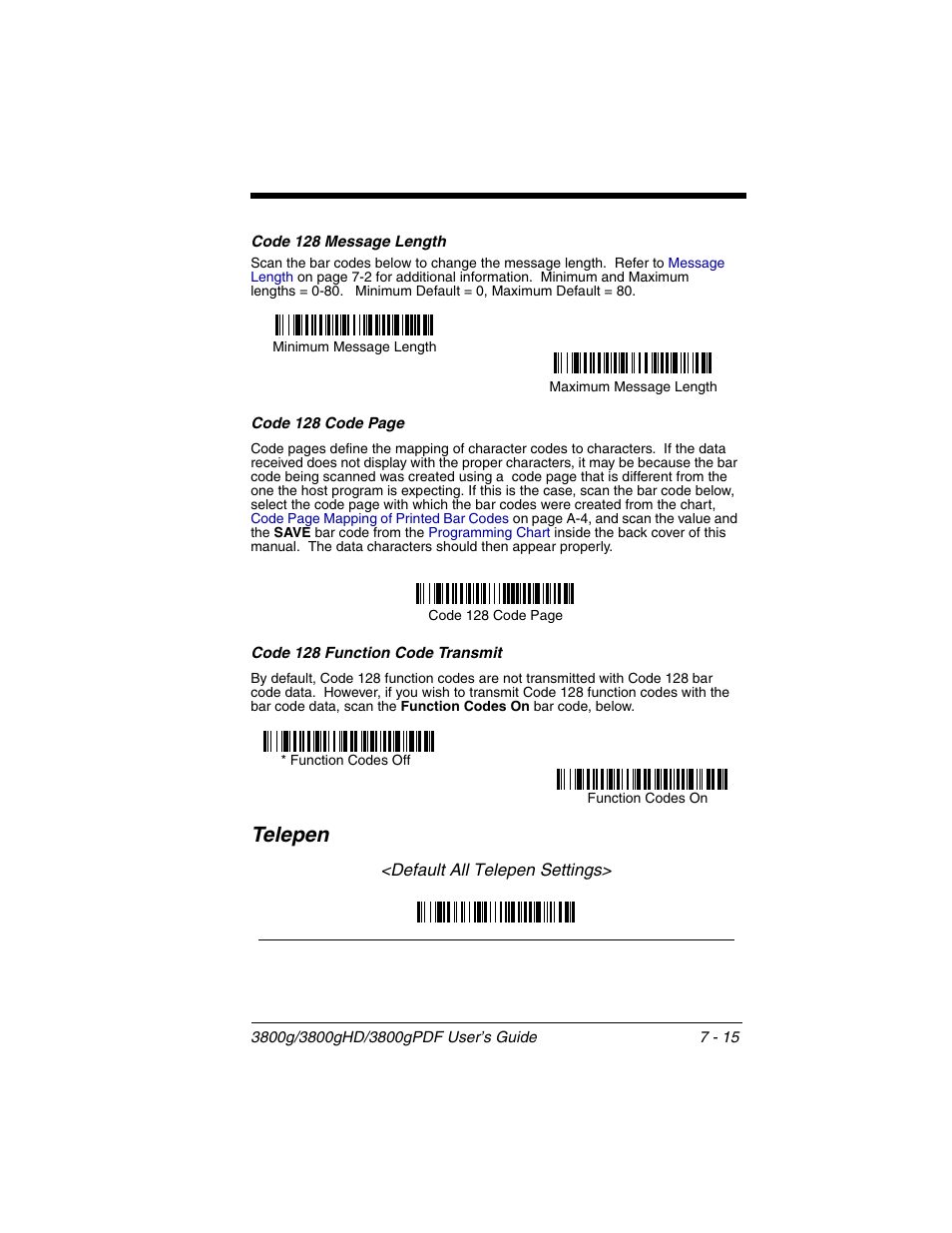 Code 128 message length, Code 128 function code transmit, Telepen -15 | Telepen | Honeywell 3800gPDF User Manual | Page 81 / 156