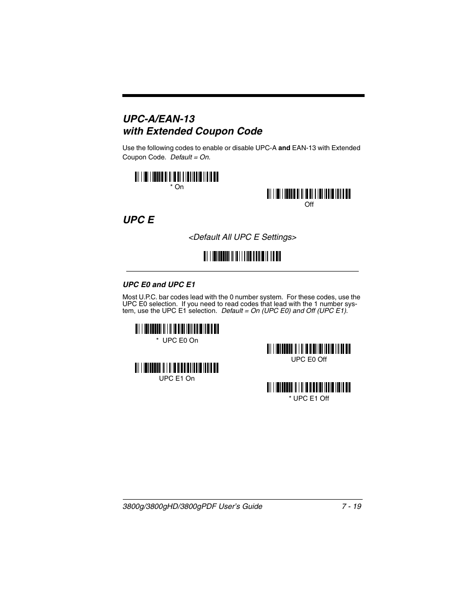 Upc e0 and upc e1, Upc-a/ean-13, With extended coupon code -19 | Upc e -19, Upc e0 and upc e1 -19, Upc-a/ean-13 with extended coupon code, Upc e | Honeywell 3800gPDF User Manual | Page 85 / 156