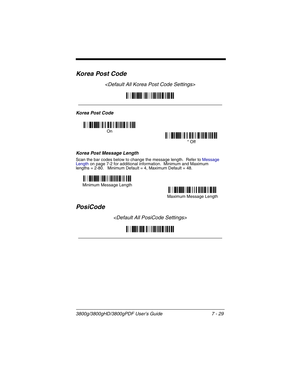 Korea post message length, Korea post code -29, Korea post message length -29 | Posicode -29, Korea post code, Posicode | Honeywell 3800gPDF User Manual | Page 95 / 156