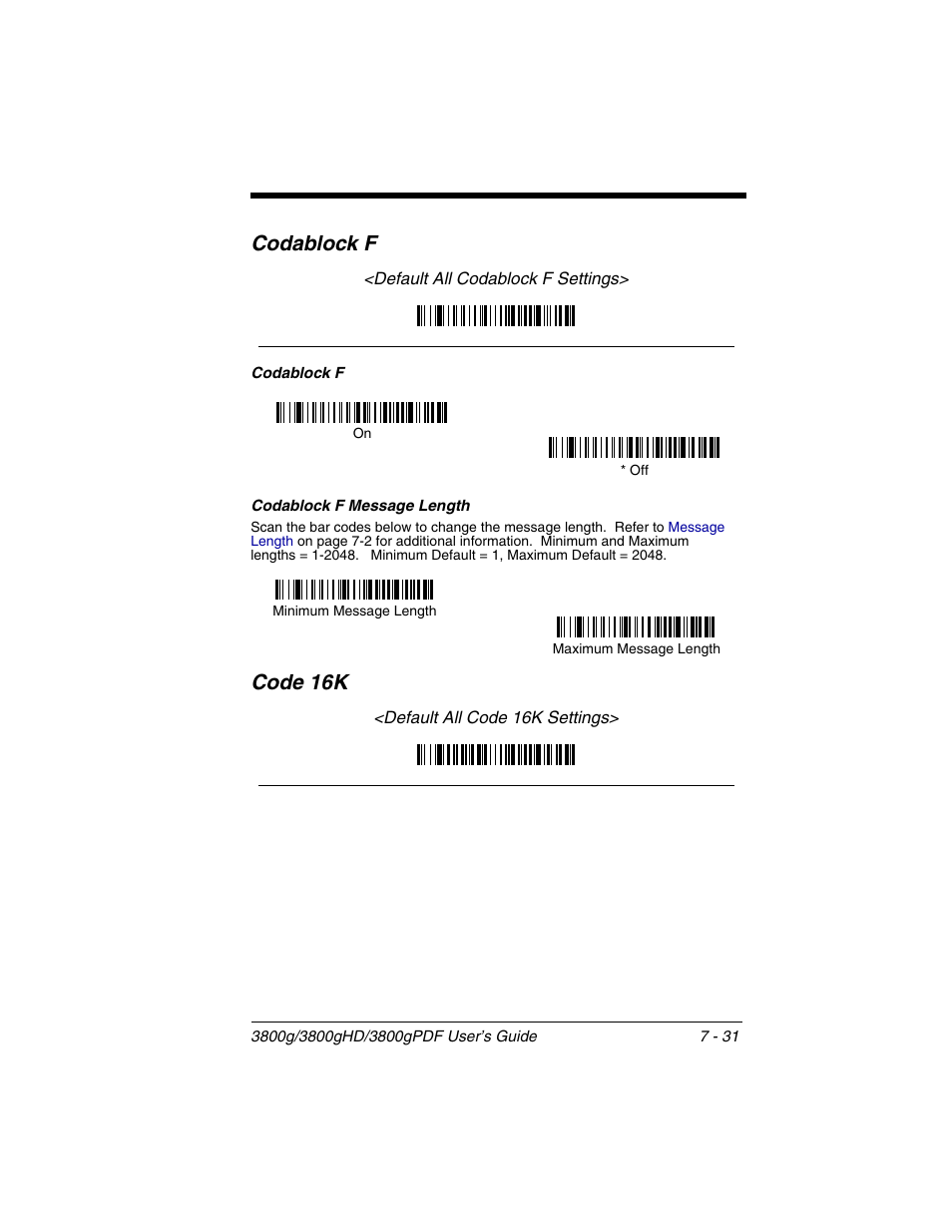Codablock f message length, Codablock f -31, Codablock f message length -31 | Code 16k -31, Codablock f, Code 16k | Honeywell 3800gPDF User Manual | Page 97 / 156