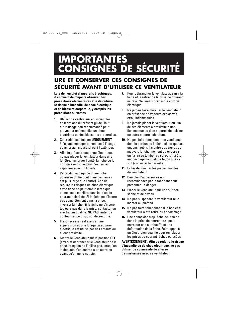 Importantes consignes de sécurité | Honeywell HT-800C User Manual | Page 7 / 16