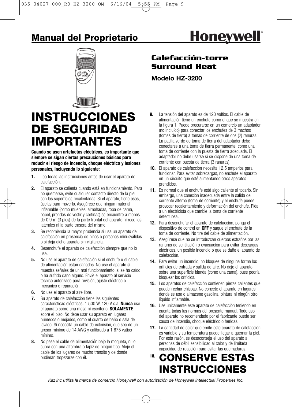 Instrucciones de seguridad importantes, Conserve estas instrucciones, Manual del proprietario | Calefacción-torre surround heat | Honeywell HZ-3200 User Manual | Page 9 / 12