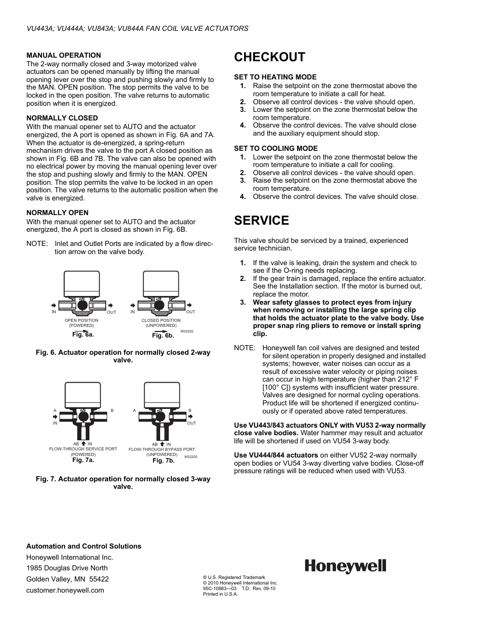 Checkout, Service | Honeywell VU443A User Manual | Page 4 / 4