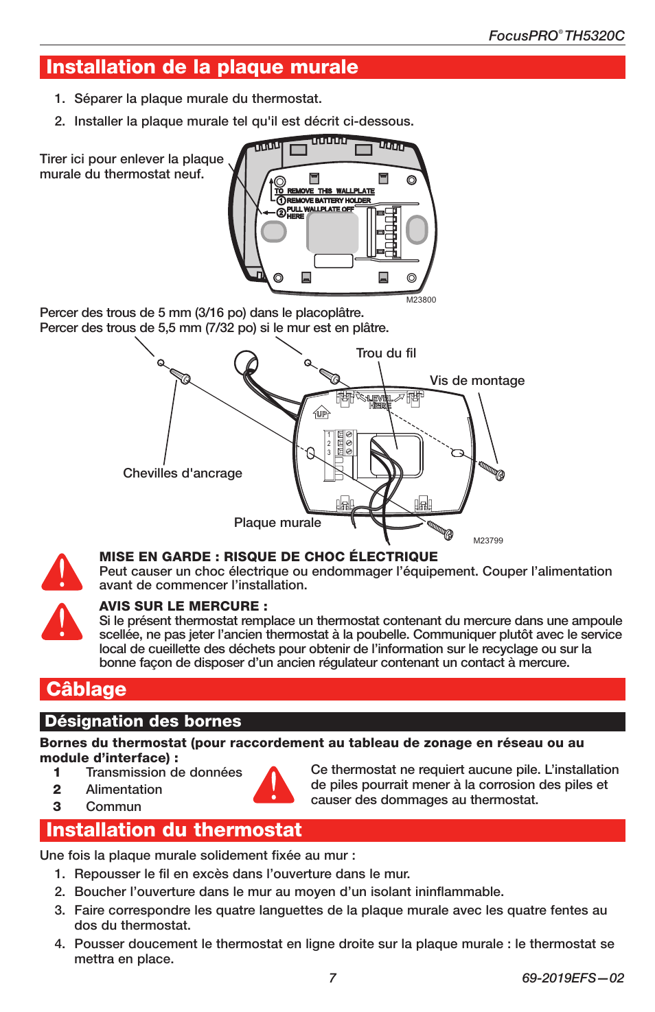Focuspro, Th5320c, Installation de la plaque murale | Câblage, Installation du thermostat, Désignation des bornes | Honeywell FOCUSPRO TH5320C User Manual | Page 7 / 16