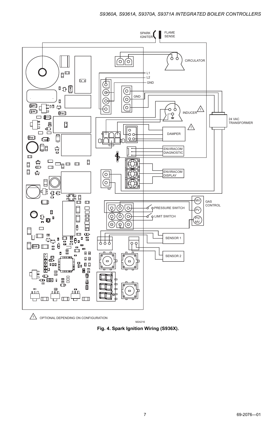 Fig. 4. spark ignition wiring (s936x) | Honeywell S9371A User Manual | Page 7 / 16