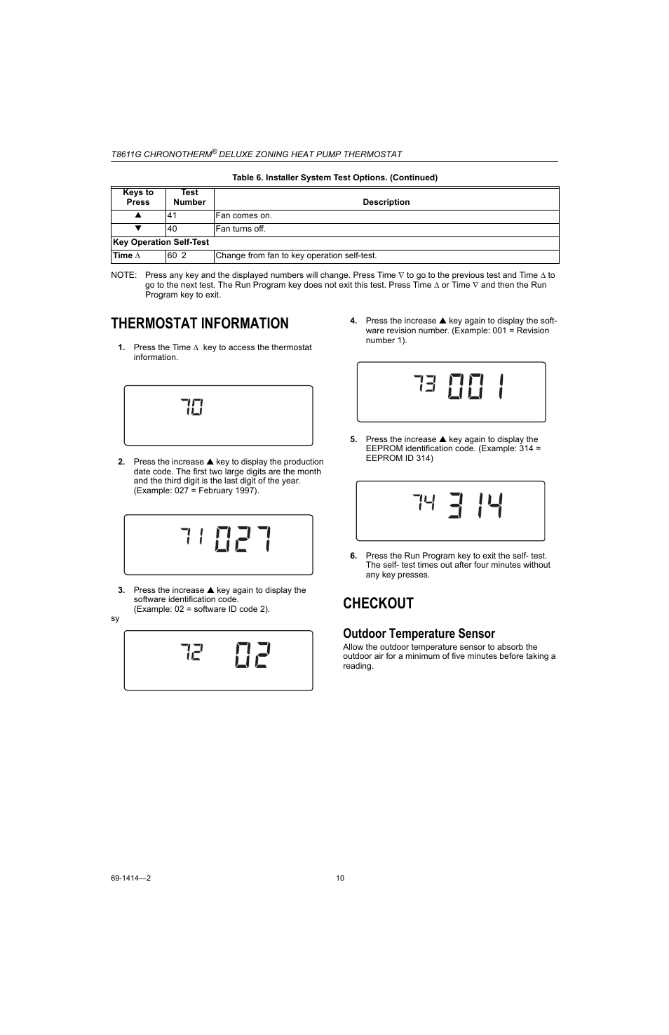 Thermostat information, Checkout, Outdoor temperature sensor | Honeywell CHRONOTHERM T8611G User Manual | Page 10 / 12