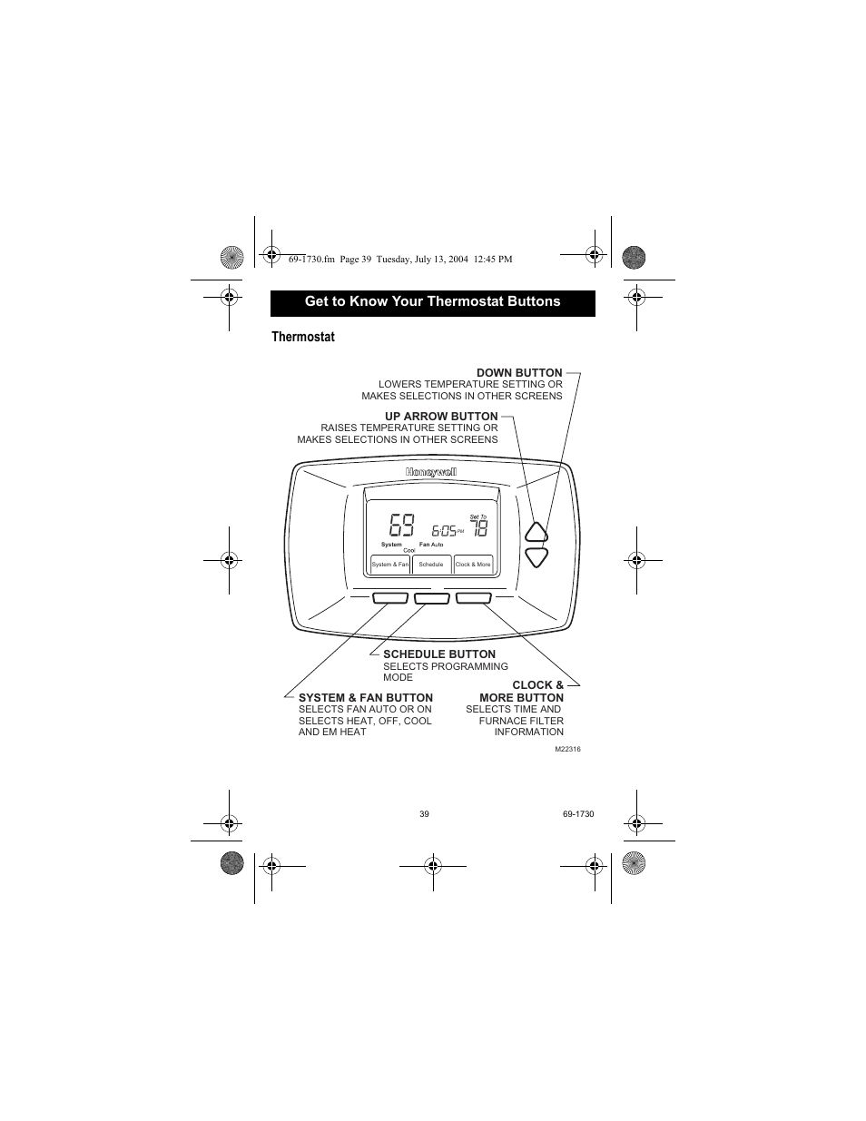 Get to know your thermostat buttons thermostat | Honeywell RTH7500D User Manual | Page 39 / 64