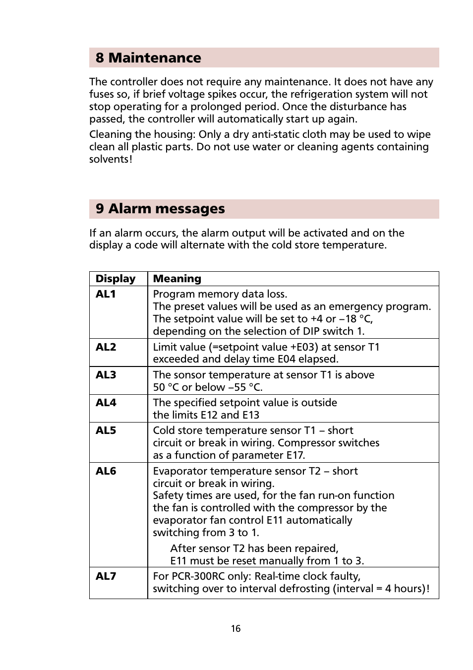 8 maintenance, 9 alarm messages | Honeywell ELECTRONIC REFRIGERATION CONTROL PCR-300 User Manual | Page 16 / 20