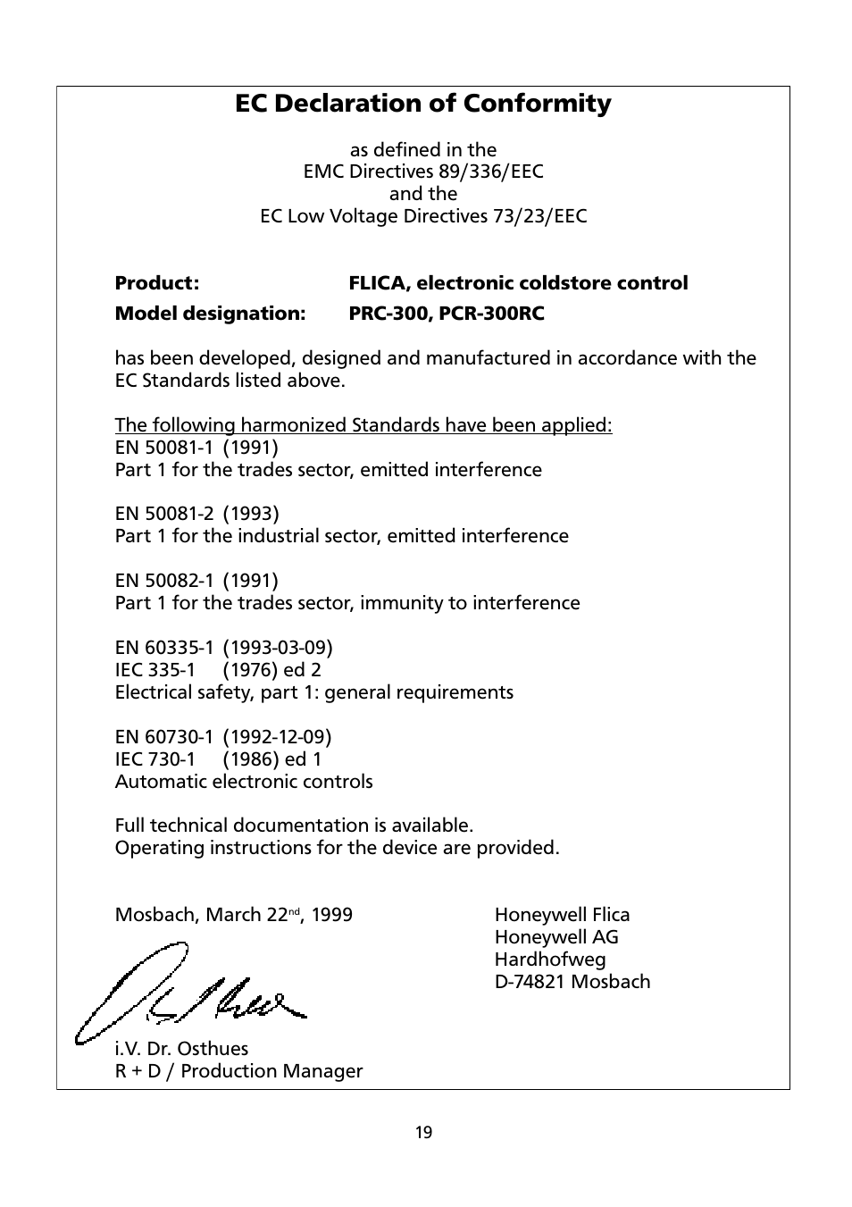 Ec declaration of conformity | Honeywell ELECTRONIC REFRIGERATION CONTROL PCR-300 User Manual | Page 19 / 20