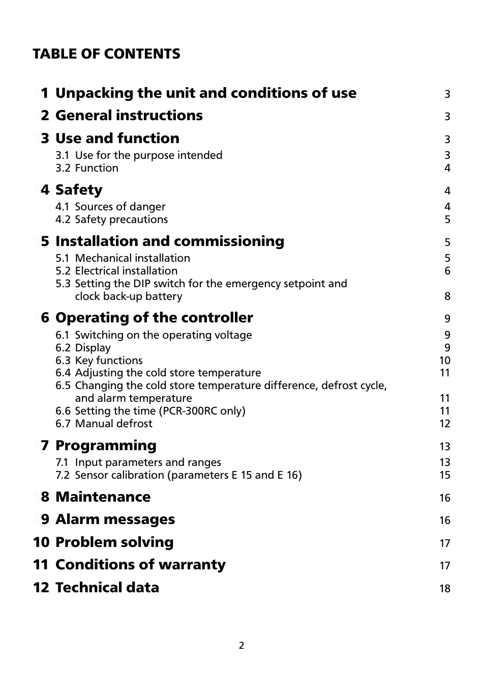 12 general instructions, 13 use and function, 14 safety | 15 installation and commissioning, 16 operating of the controller, 17 programming, 18 maintenance, 19 alarm messages, 10 problem solving, 11 conditions of warranty | Honeywell ELECTRONIC REFRIGERATION CONTROL PCR-300 User Manual | Page 2 / 20
