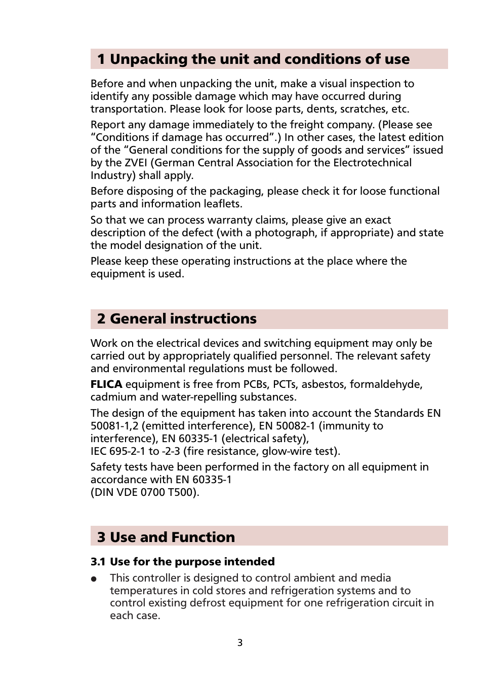 1 unpacking the unit and conditions of use, 2 general instructions, 3 use and function | Honeywell ELECTRONIC REFRIGERATION CONTROL PCR-300 User Manual | Page 3 / 20