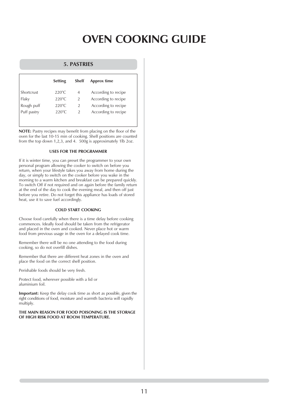 Oven cooking guide, Pastries | Honeywell Central Heating Cooker Natural Gas User Manual | Page 11 / 44