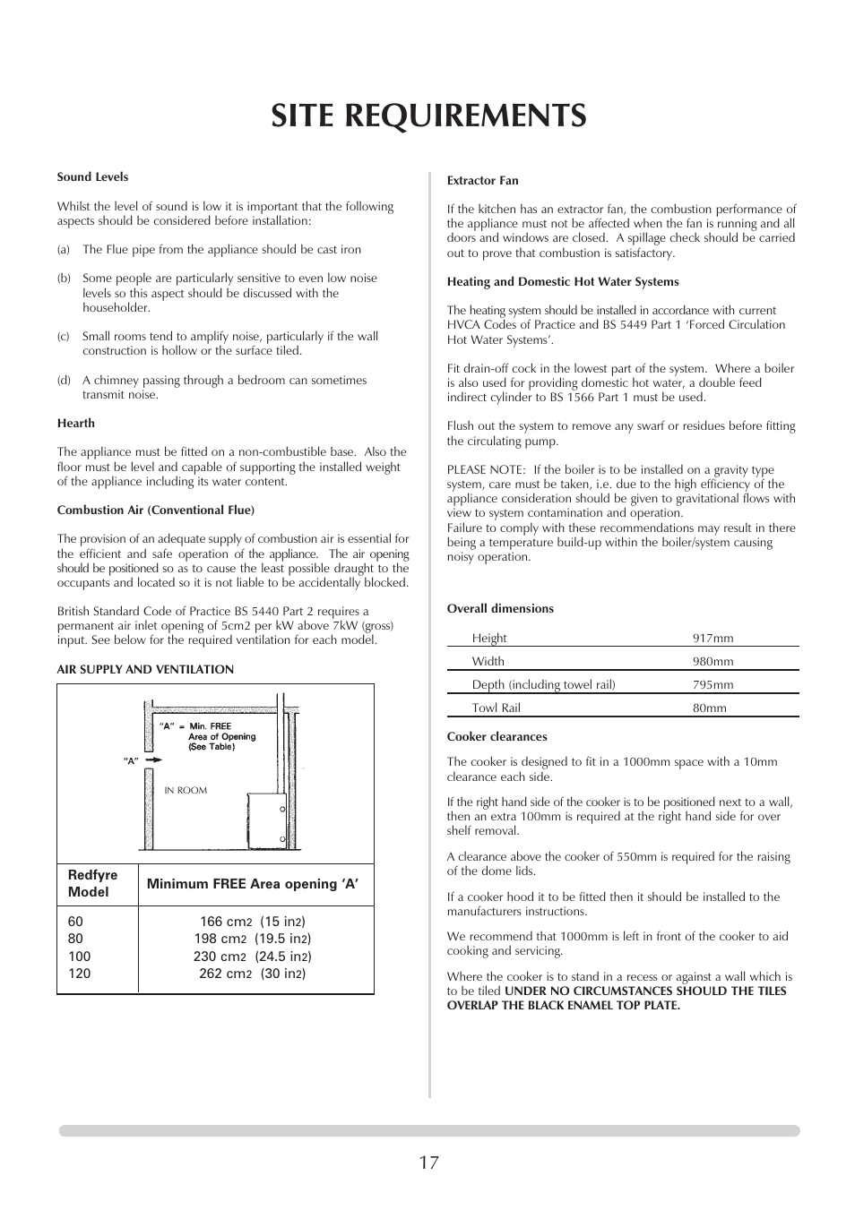 Site requirements | Honeywell Central Heating Cooker Natural Gas User Manual | Page 17 / 44