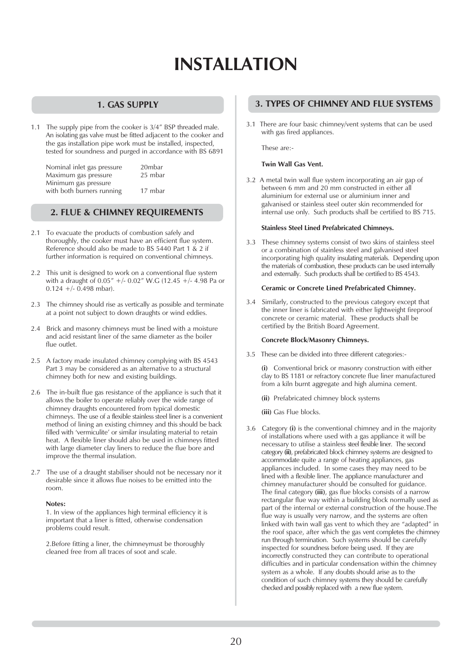 Installation, Gas supply | Honeywell Central Heating Cooker Natural Gas User Manual | Page 20 / 44